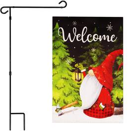 G128 - Garden Flag Stand with 12" x 18" Double-Sided Blockout Flag — 36" x 16" Iron Pole, Winter Gnome Welcome Design - Assorted Colors