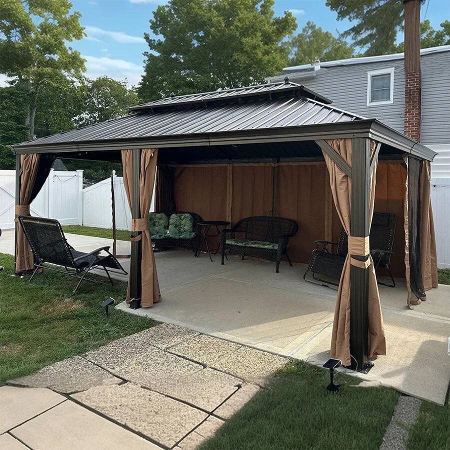 Alt View 1. PURPLE LEAF - 12' X 20' Outdoor Aluminum Hardtop Gazebo with Metal Double Roof with Netting and Curtains, Khaki Permanent Pavilion - 12' X 20'.