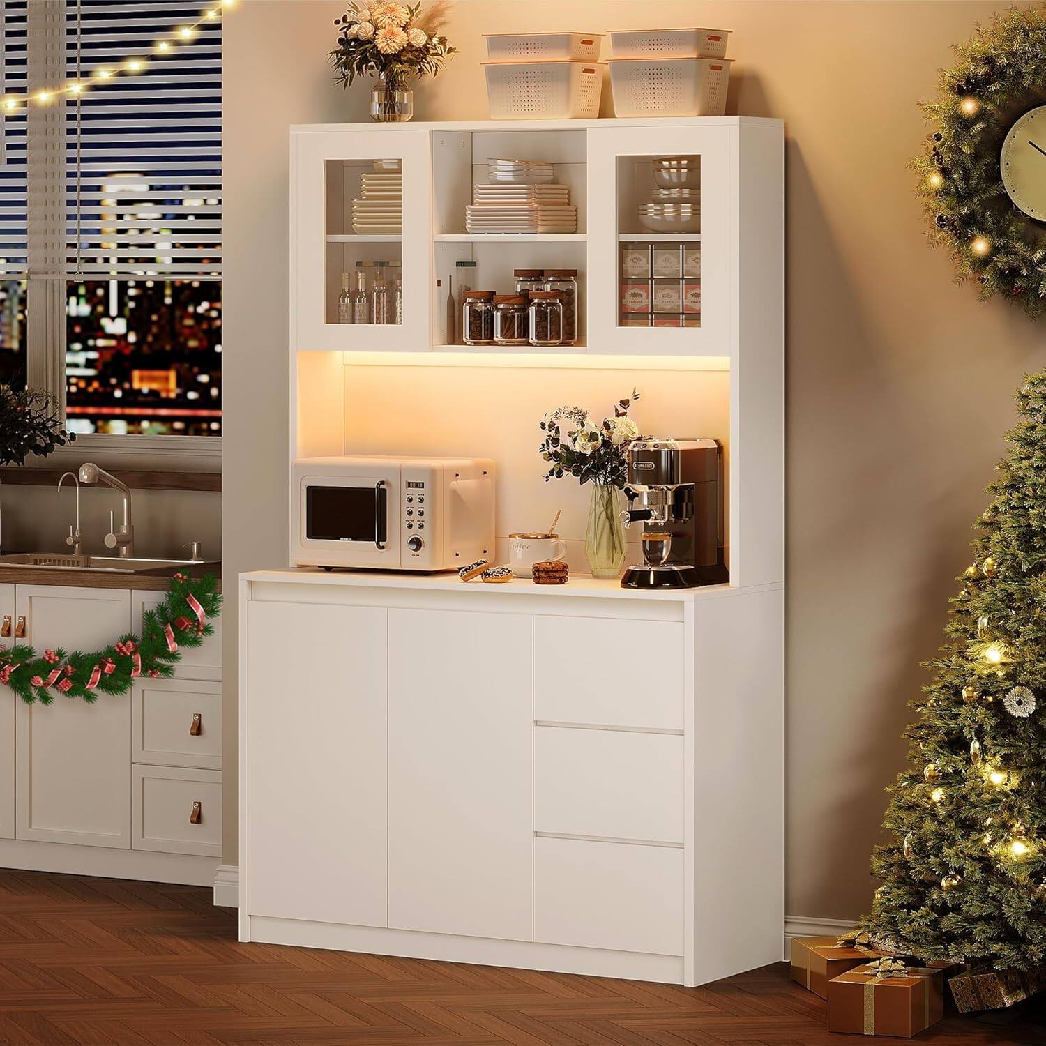 Alt View 2. Homhougo - White Freestanding Pantry Cabinet, 4 Doors & 3 Drawers, Built-In Power Outlet - White.