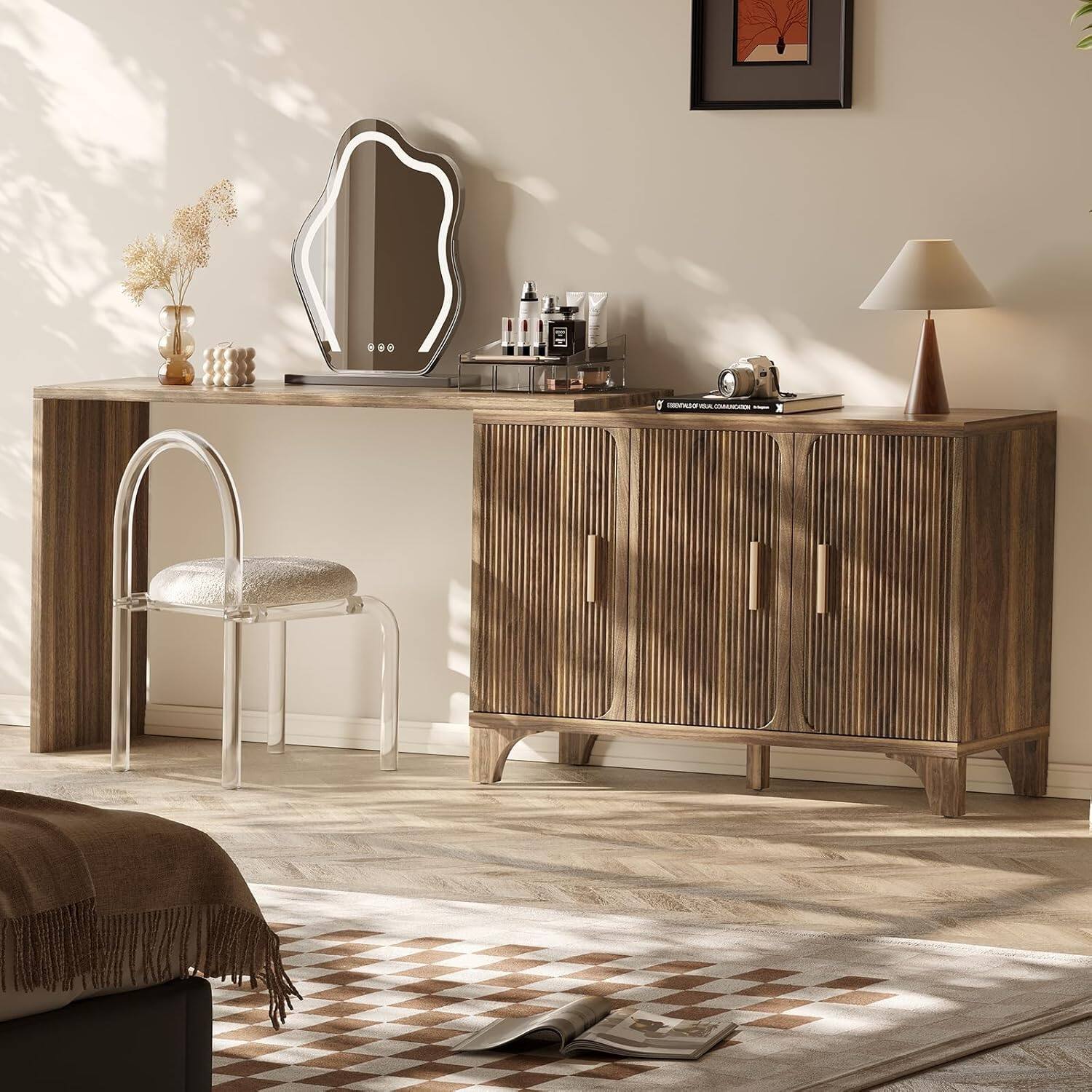 Alt View 7. HONGGE - Mid Century Modern Buffet Cabinet with Fluted Doors and Ample Storage - Brown.