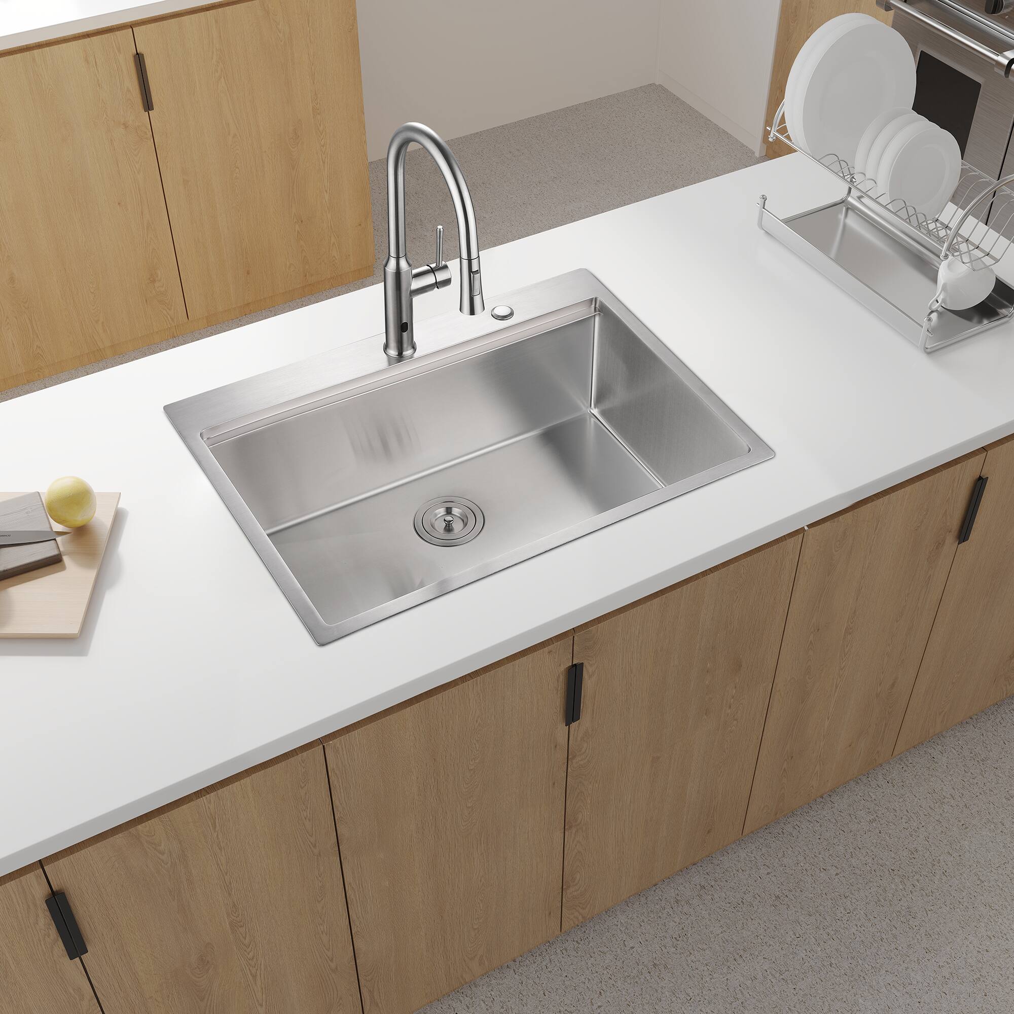 Angle. ELEMENT ACE - 33" Drop-in Single Bowl Stainless Steel Kitchen Sink with Workstation - Brushed Nickel.