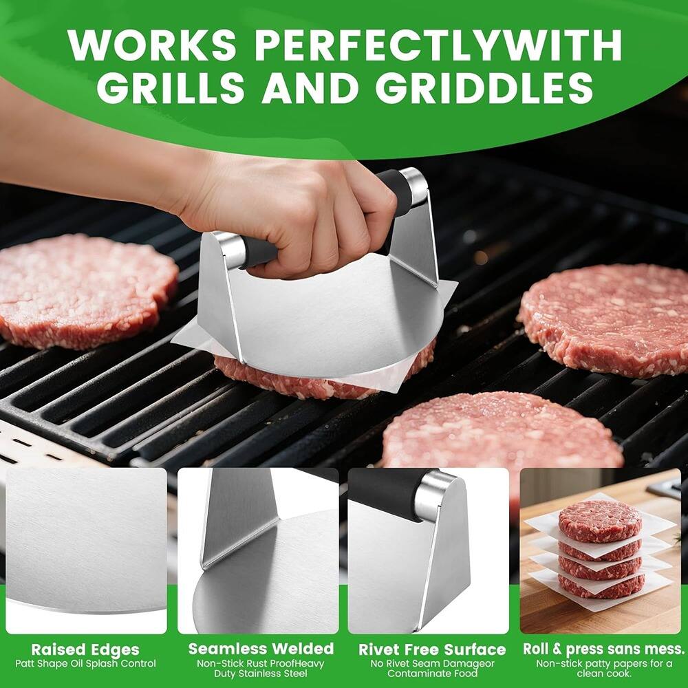 WORKS PERFECTLY WITH GRILLS AND GRIDDLES

Raised Edges  
Patt Shape Oil Splash Control

Seamless Welded  
Non-Stick Rust Proof Heavy Duty Stainless Steel

Rivet Free Surface  
No Rivet Seam Damage or Contaminate Food

Roll & press sans mess.  
Non-stick patty papers for a clean cook.