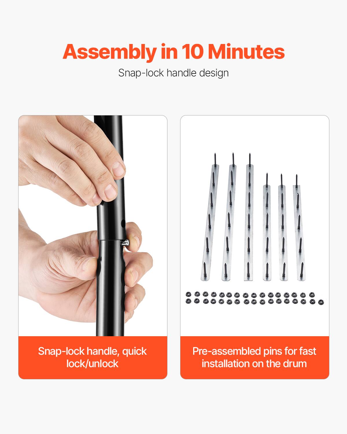 Assembly in 10 Minutes  
Snap-lock handle design  

- Snap-lock handle, quick lock/unlock  
- Pre-assembled pins for fast installation on the drum