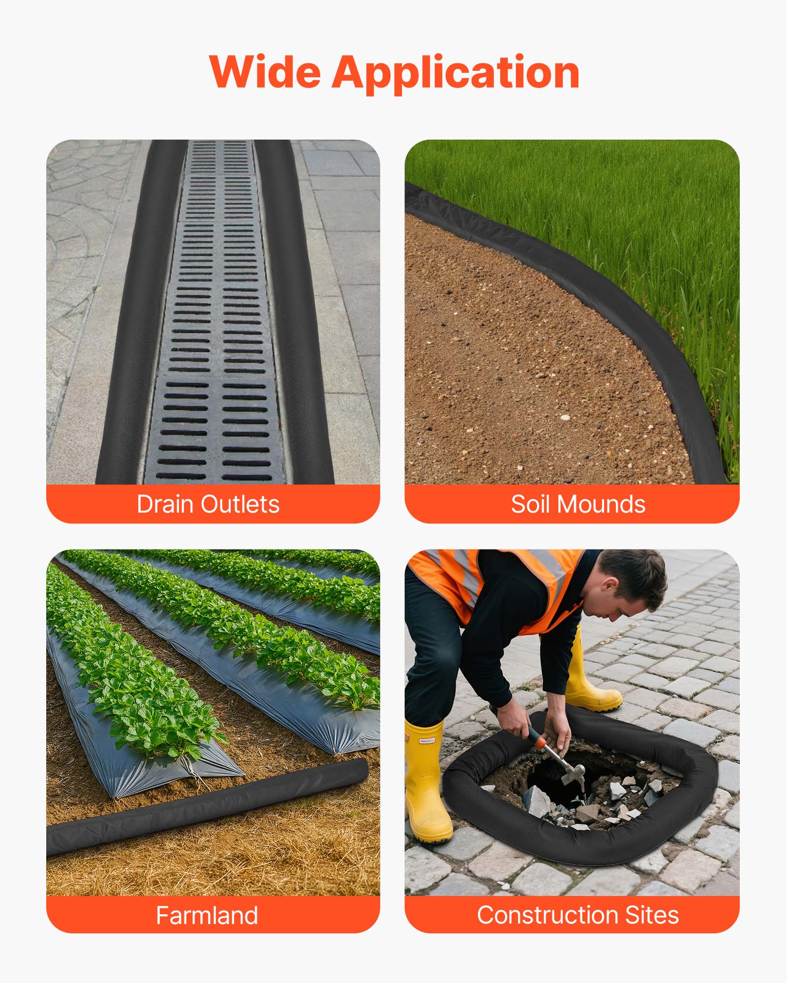 Wide Application  
- Drain Outlets  
- Soil Mounds  
- Farmland  
- Construction Sites