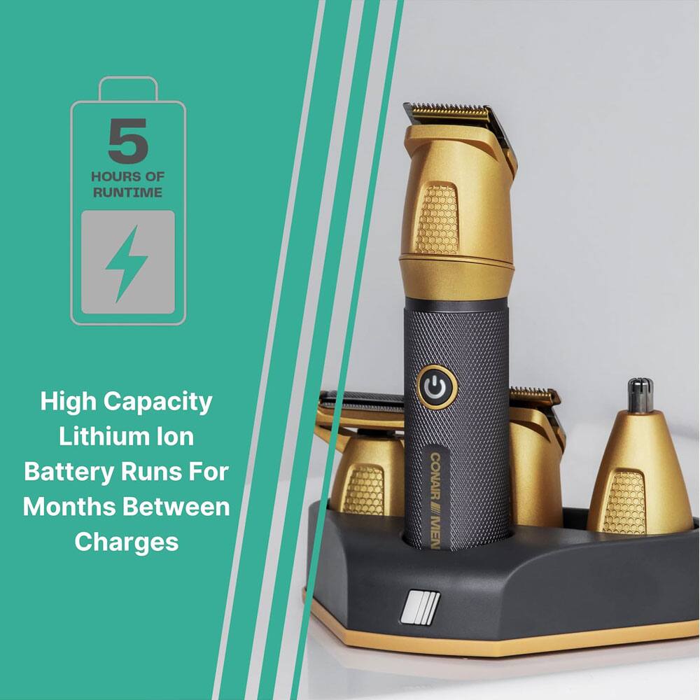 5 HOURS OF RUNTIME  
High Capacity Lithium Ion Battery Runs For Months Between Charges  
CONAIR MEN