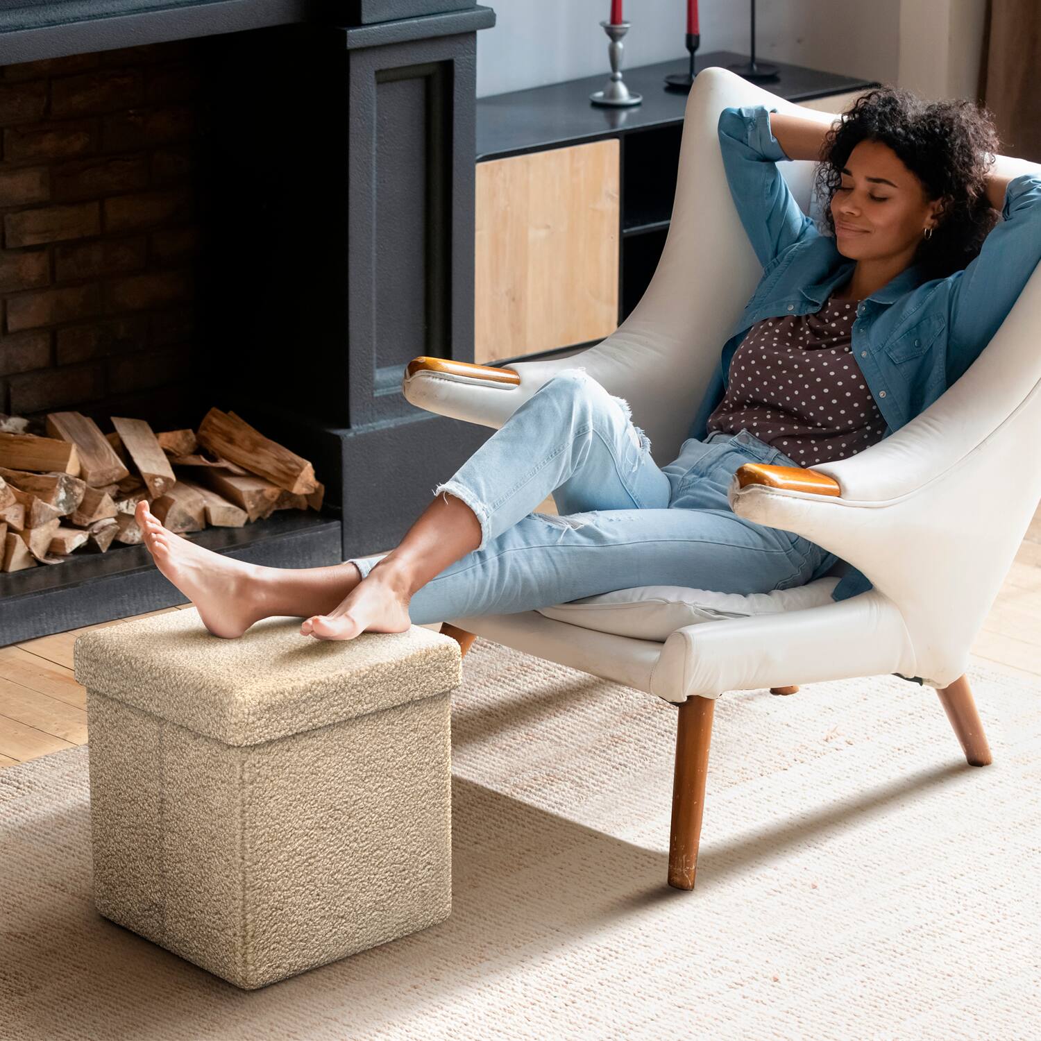 Left. Sorbus - Sorbus TEDDY FABRIC OTTOMANS - beige - Beige.