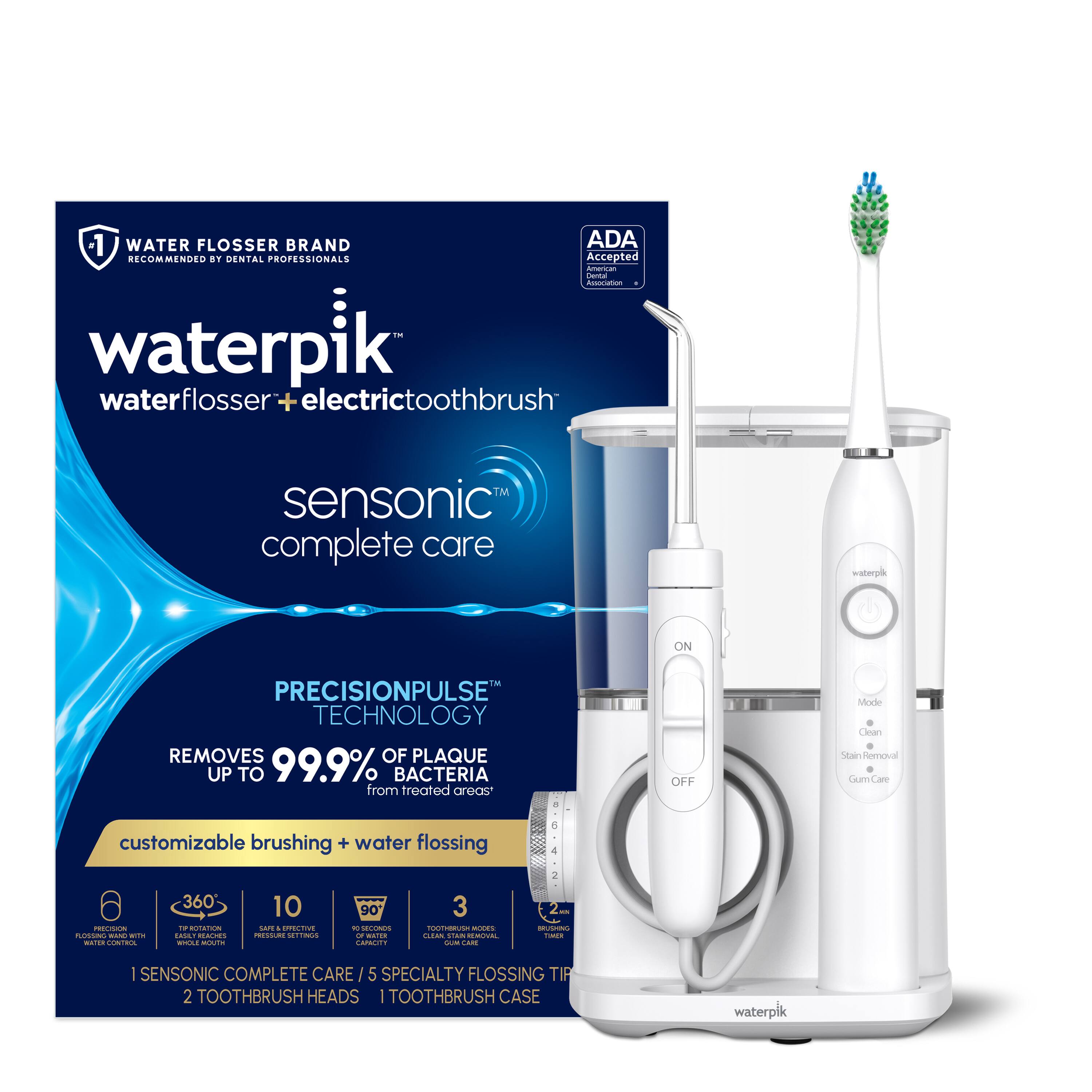 1. WATER FLOSSER BRAND ADA RECOMMENDED .. DENTAL PROFESSIONALS Accepted  
   - waterpik waterflosser + electrictoothbrush TM sensonic complete care  
   - PRECISIONPULSE TECHNOLOGY REMOVES UP TO 99.9% BACTERIA from treated areas  
   - customizable brushing + water flossing  
   - OFF Mode  
   - Clean Stain Removal Gum Care  
   - 360°  
   - 10 SAFE & EFFECTIVE PRESSURE SETTINGS  
   - 90 SECONDS TIMER  
   - 3 TOOTHBRUSH HEADS  
   - 1 TOOTHBRUSH CASE  

2. ADA Accepted  
   - American Dental Association  

3. 1 SENSONIC COMPLETE CARE / 5 SPECIALTY FLOSSING TIPS  
   - 2 TOOTHBRUSH HEADS  
   - 1 TOOTHBRUSH CASE