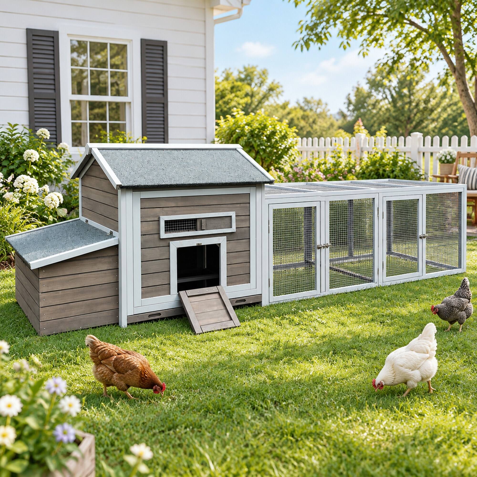 Back. RYHNUYNE - 114 in Wooden Chicken Coop, Outdoor Run, Nesting Box, Lockable Doors, Ramp, 19.6 sq ft.