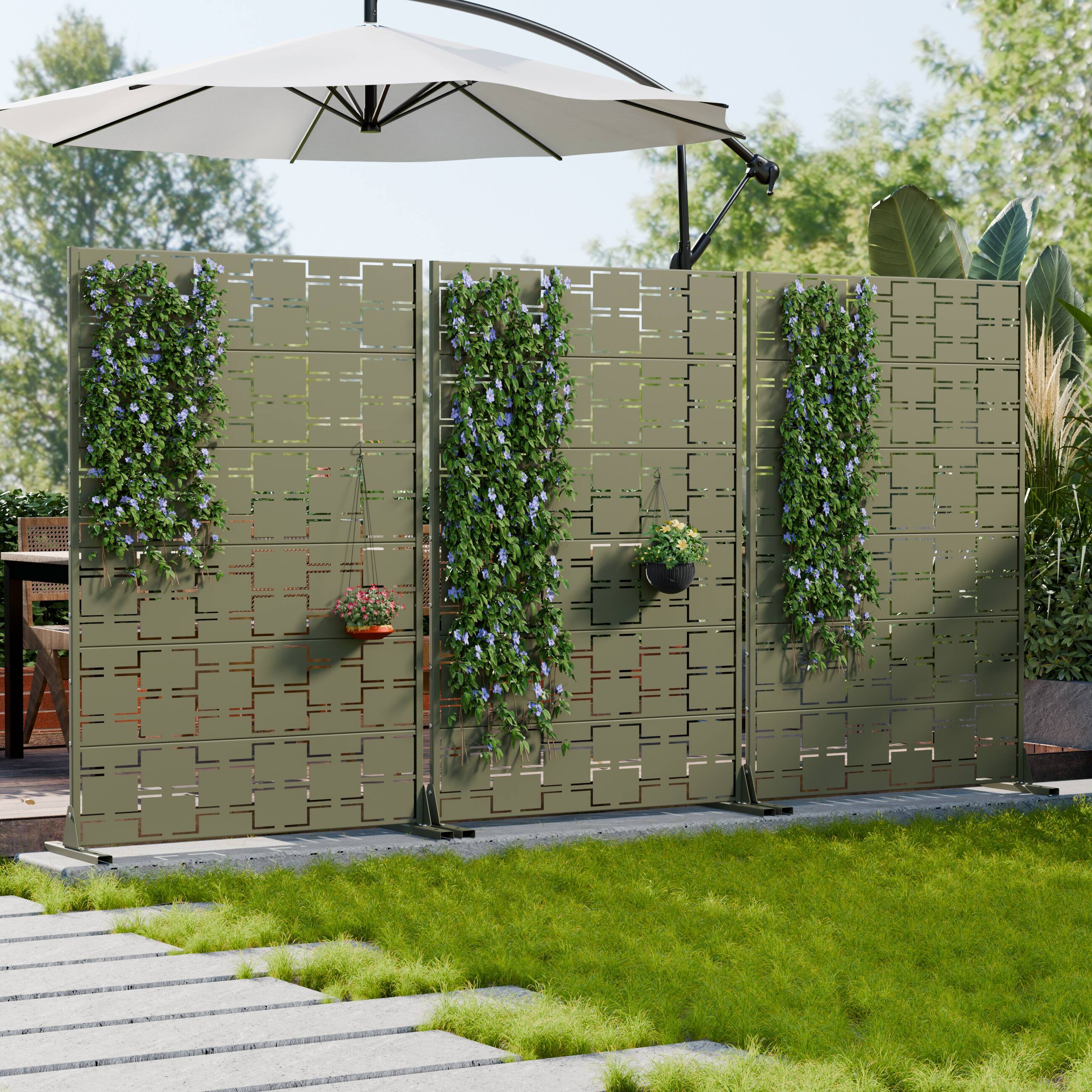 Alt View 2. PexFix - 72" x 47" Outdoor Privacy Screen Metal Freestanding Patio Screen with Modern Geometric Cutouts Decorative - Olive Gray.