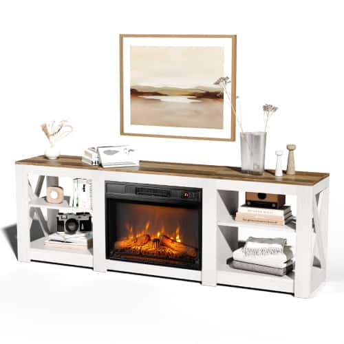 Winado - Fireplace TV Stand Cabinet for up to 70" TVs, Farmhouse Entertainment Center with 23" Remoted Electric Fireplace Heater - White & Brawn wood