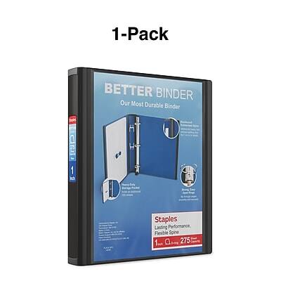 1-Pack  
BETTER BINDER  
Our Most Durable Binder  

Staples  
Lasting Performance, Flexible Spine  
1" D  
275 Sheets