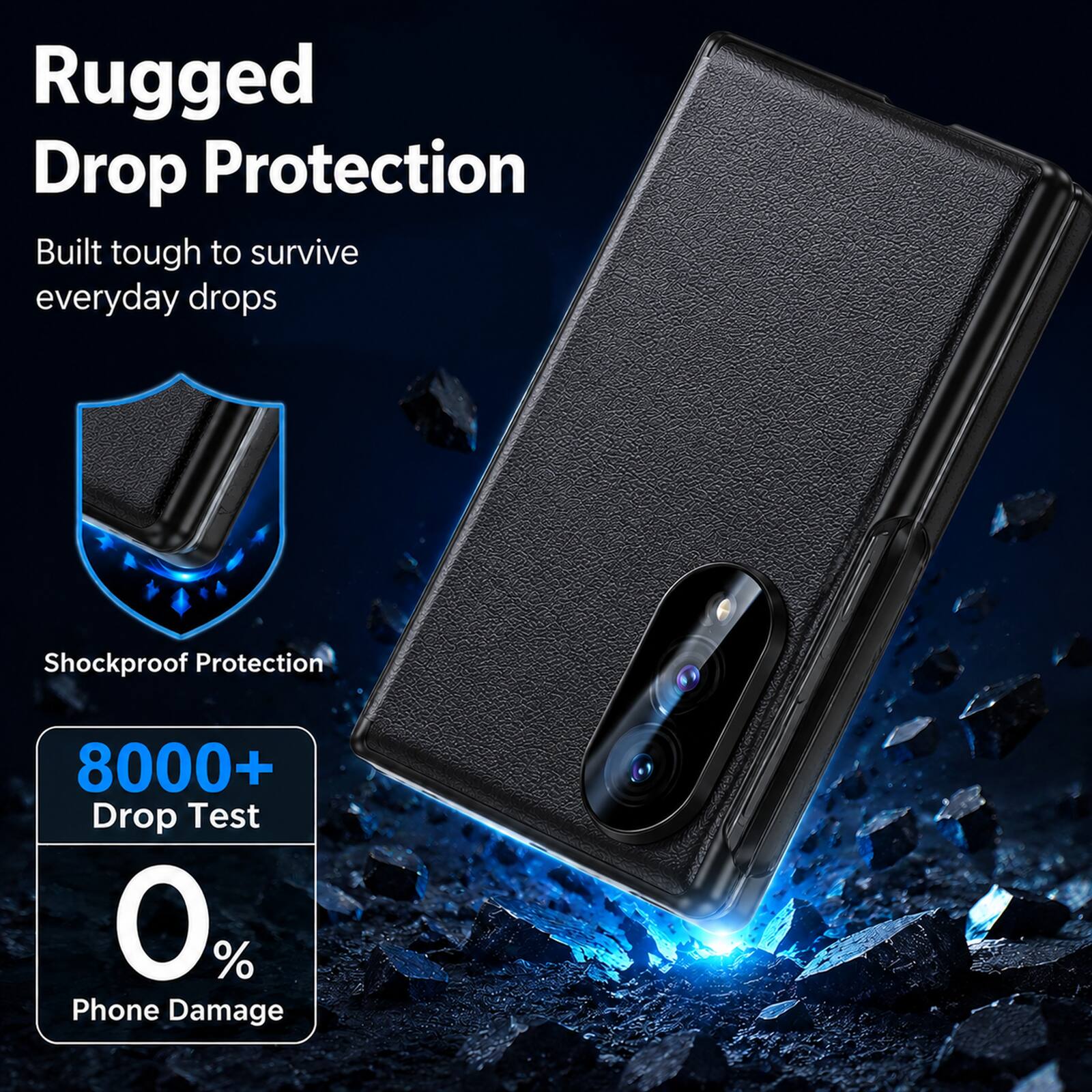 Rugged Drop Protection  
Built tough to survive everyday drops  

Shockproof Protection  

8000+ Drop Test  
0% Phone Damage