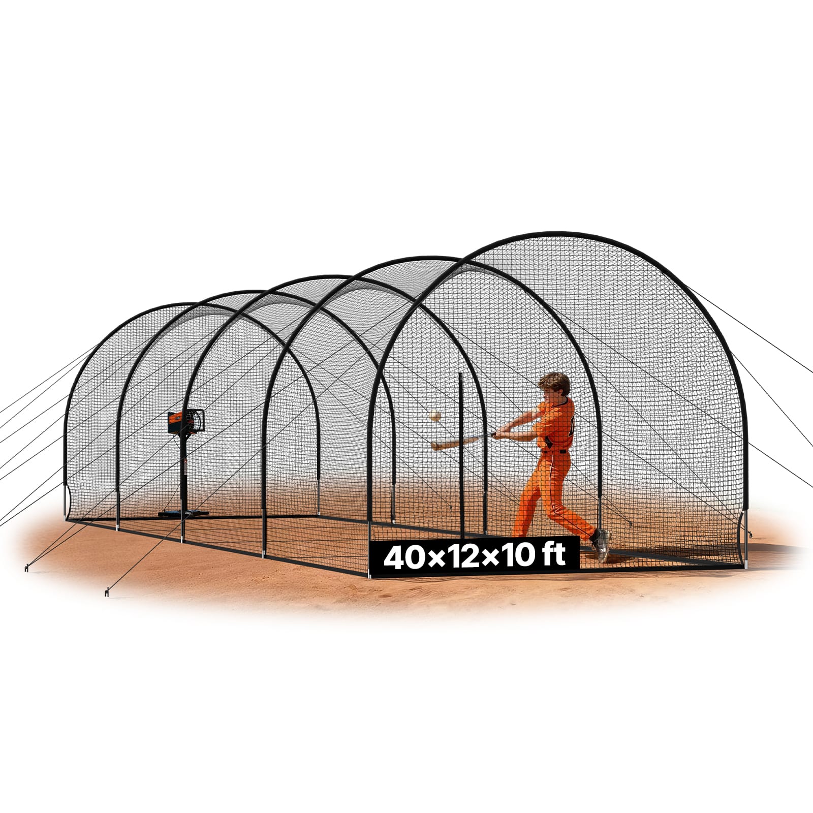 Front. VEVOR - Baseball Batting Cage, 40.0x12.1x10.0FT Freestanding Portable Batting Cage, Hitting Cages with 4-Ply Knotless Polyester - Black.
