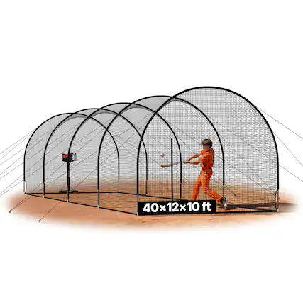 Front. VEVOR - Baseball Batting Cage, 40.0x12.1x10.0FT Freestanding Portable Batting Cage, Hitting Cages with 4-Ply Knotless Polyester - Black.