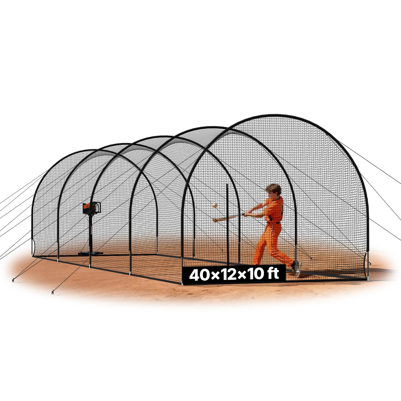 VEVOR - Baseball Batting Cage, 40.0x12.1x10.0FT Freestanding Portable Batting Cage, Hitting Cages with 4-Ply Knotless Polyester - Black