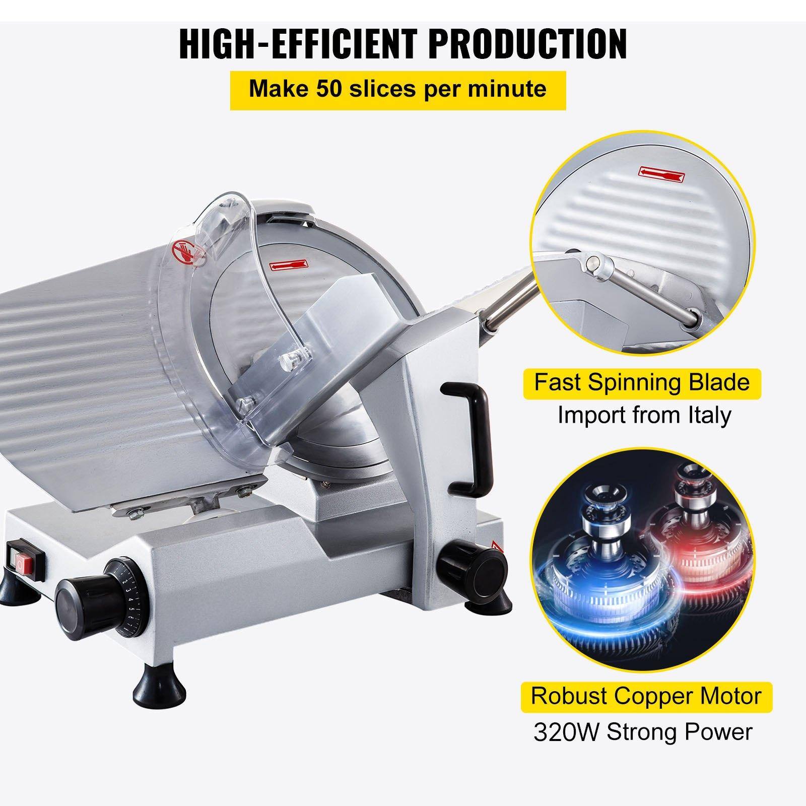 HIGH-EFFICIENT PRODUCTION  
Make 50 slices per minute  

Fast Spinning Blade  
Import from Italy  

Robust Copper Motor  
320W Strong Power