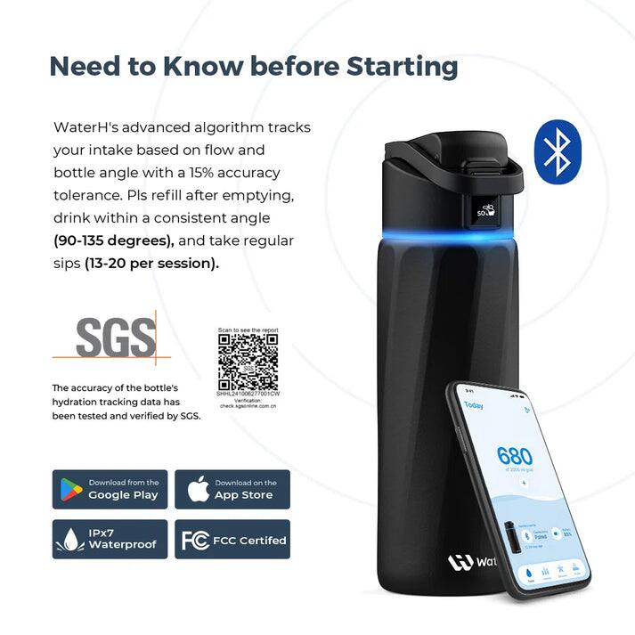 Need to Know before Starting

WaterH's advanced algorithm tracks your intake based on flow and bottle angle with a 15% accuracy tolerance. Pls refill after emptying, drink within a consistent angle (90-135 degrees), and take regular sips (13-20 per session).

SGS
The accuracy of the bottle's hydration tracking data has been tested and verified by SGS.

Download from the Google Play
Download on the App Store
IPx7 Waterproof
FCC Certified

Today 680