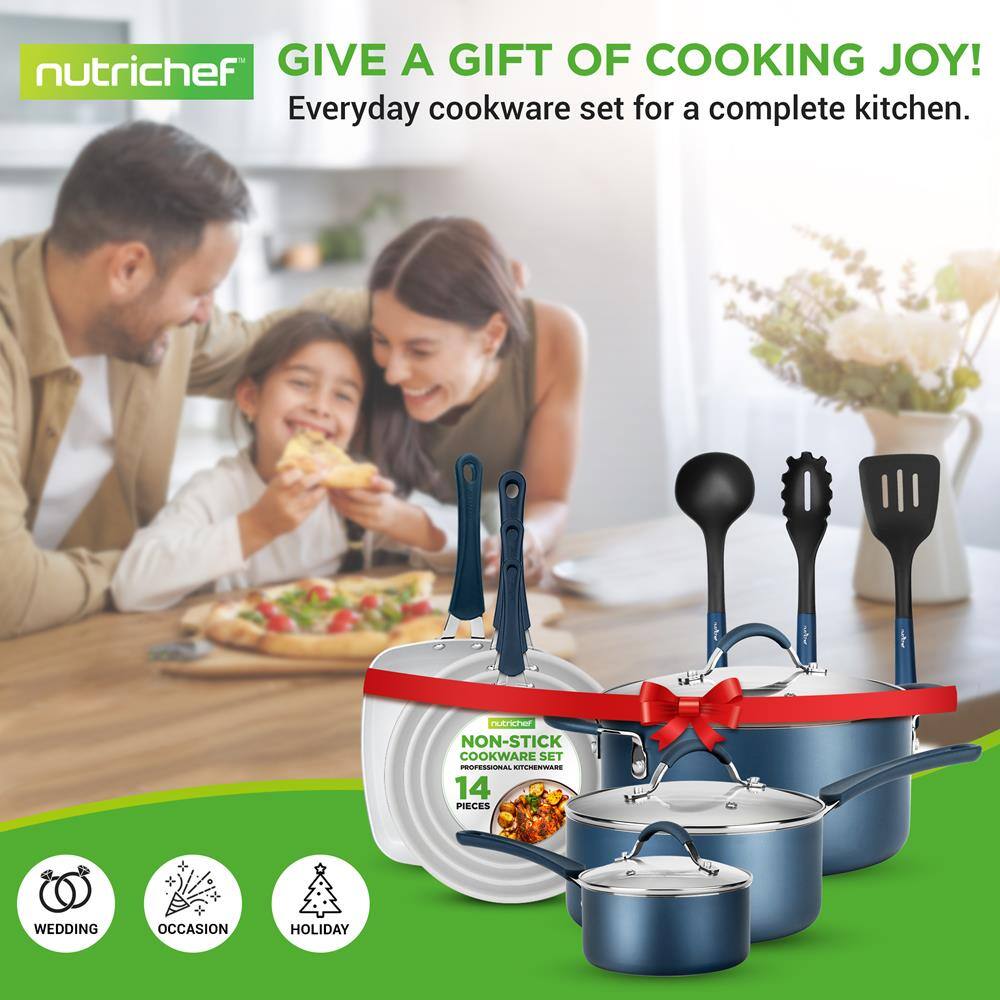 nutrichef  
GIVE A GIFT OF COOKING JOY!  
Everyday cookware set for a complete kitchen.  

NON-STICK COOKWARE SET  
14 PIECES  

WEDDING  
OCCASION  
HOLIDAY