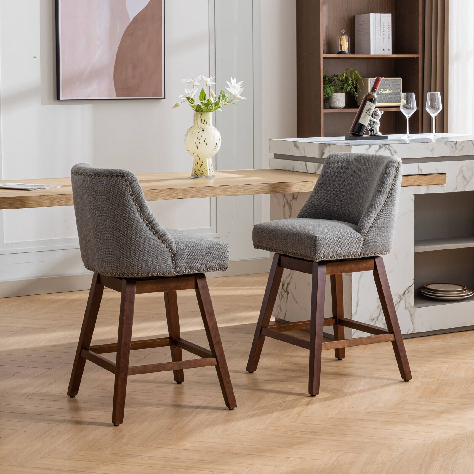Back. Trinkets Crazed - Counter Height Swivel Barstools Set of 2, 26'' H Seat Height Upholstered Bar Stools, Fabric - Gray.