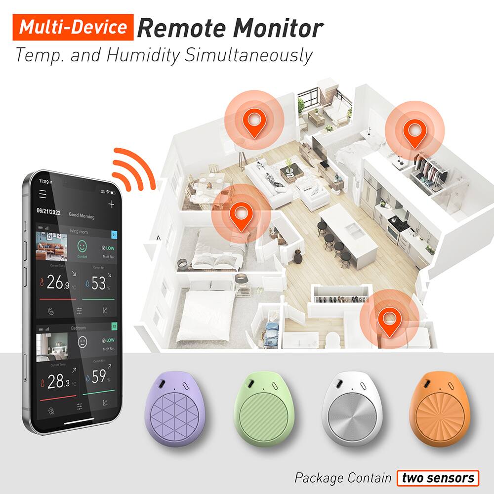 Multi-Device Remote Monitor  
Temp. and Humidity Simultaneously  

11:09 06/21/2022  
Good Morning  

Living room  
Current Temp. 26.9°C  
Current Humidity 53%  
Condition LOW  

Bedroom  
Current Temp. 28.3°C  
Current Humidity 59%  
Condition LOW  

Package Contains two sensors
