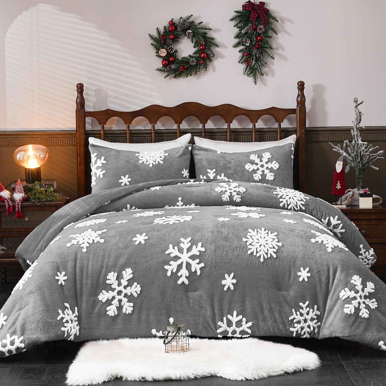 PARKER SLATER - 3 Piece Christmas King Size Comforter Set Fluffy Snowflake Comforters Winter Jacquard Cozy Quilt Bedding With 1 - Gray-King(104''x90'')