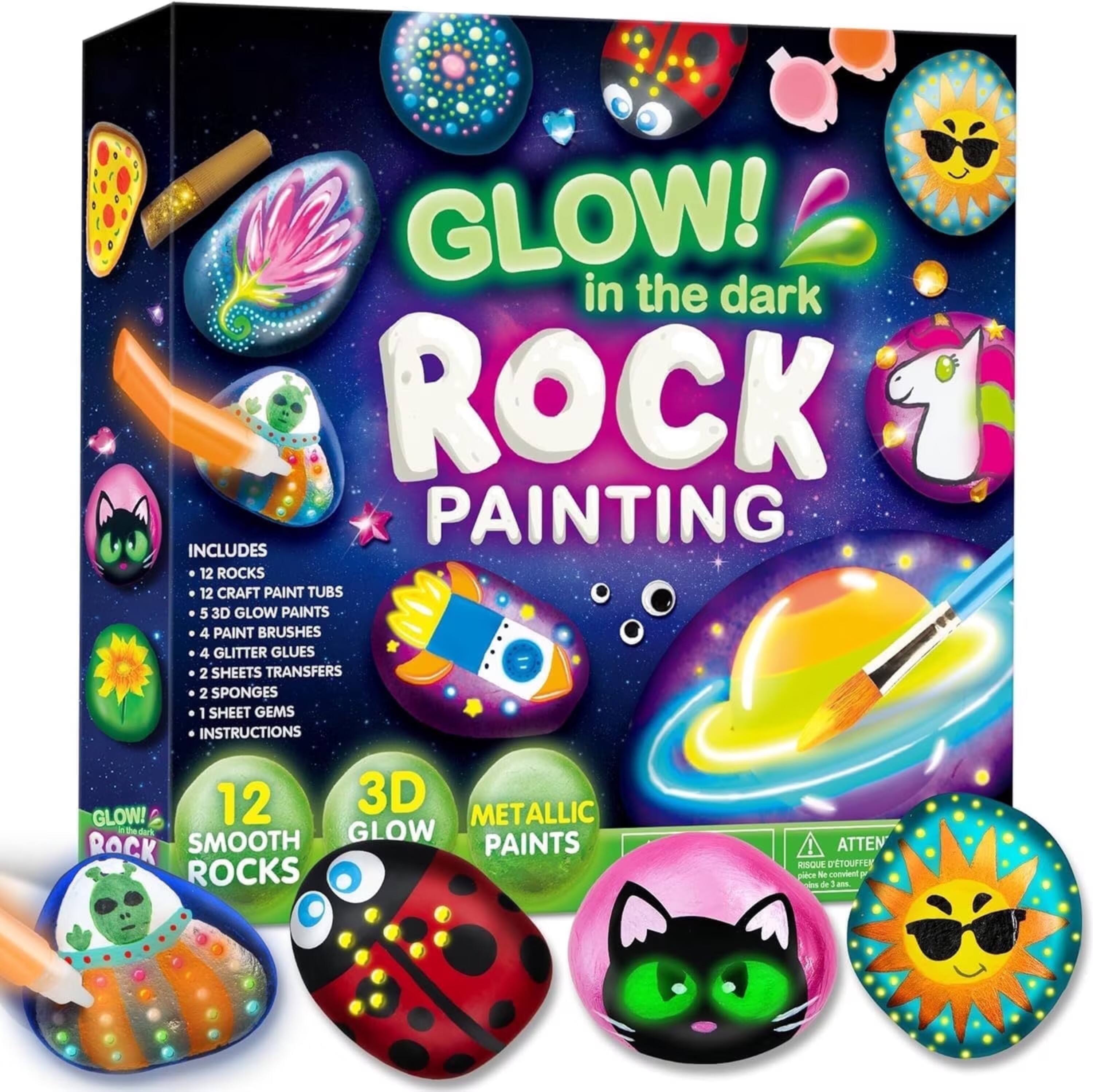 GLOW! in the dark ROCK PAINTING INCLUDES 12 ROCKS 12 CRAFT PAINT TUBS 5 3D GLOW PAINTS 4 PAINT BRUSHES 4 GLITTER GLUES 2 SHEETS TRANSFERS 2 SPONGES 1 SHEET GEMS INSTRUCTIONS

12 3D METALLIC GLOW! in the dark SMOOTH GLOW ROCK PAINTS

ATTENTION RISQUE D'ETOUFFEMENT piece Ne convient N  de 1 JOVE