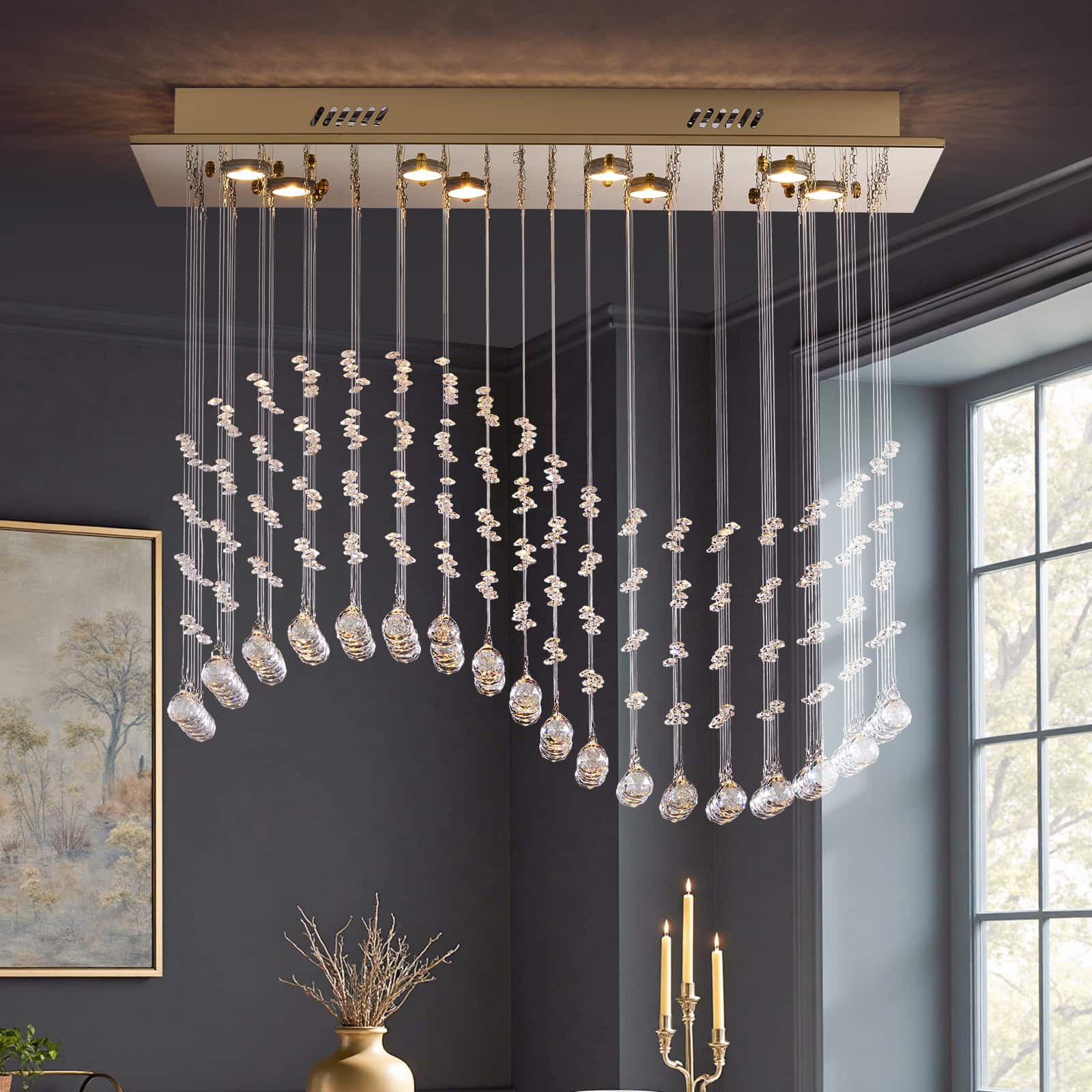 Siljoy - 8-Light Modern Flush Mount Wave Raindrop Rectangular Crystal Chandelier for Dining/Living/Kitchen - Golden