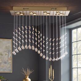 Siljoy - 8-Light Modern Flush Mount Wave Raindrop Rectangular Crystal Chandelier for Dining/Living/Kitchen - Golden