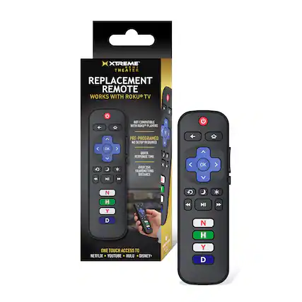XTREME HOME THEATER REPLACEMENT REMOTE
WORKS WITH ROKU TV 1
NOT COMPATIBLE WITH ROKU PLAYERS
PRE-PROGRAMMED
NO SETUP REQUIRED
QUICK RESPONSE TIME
OVER 25ft TRANSMITTING DISTANCE
ONE TOUCH ACCESS TO NETFLIX, YOUTUBE, HULU, DISNEY+