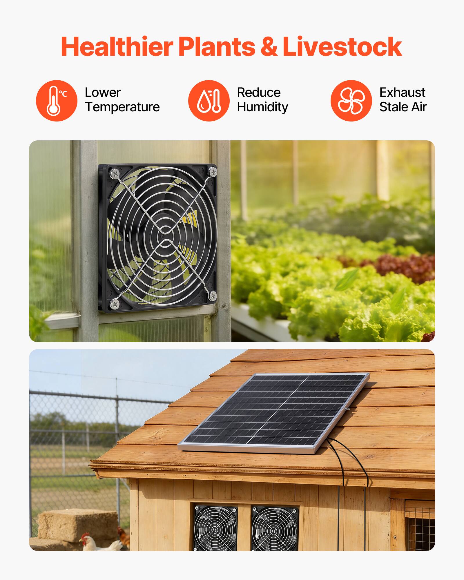 Healthier Plants & Livestock  
- Lower Temperature  
- Reduce Humidity  
- Exhaust Stale Air