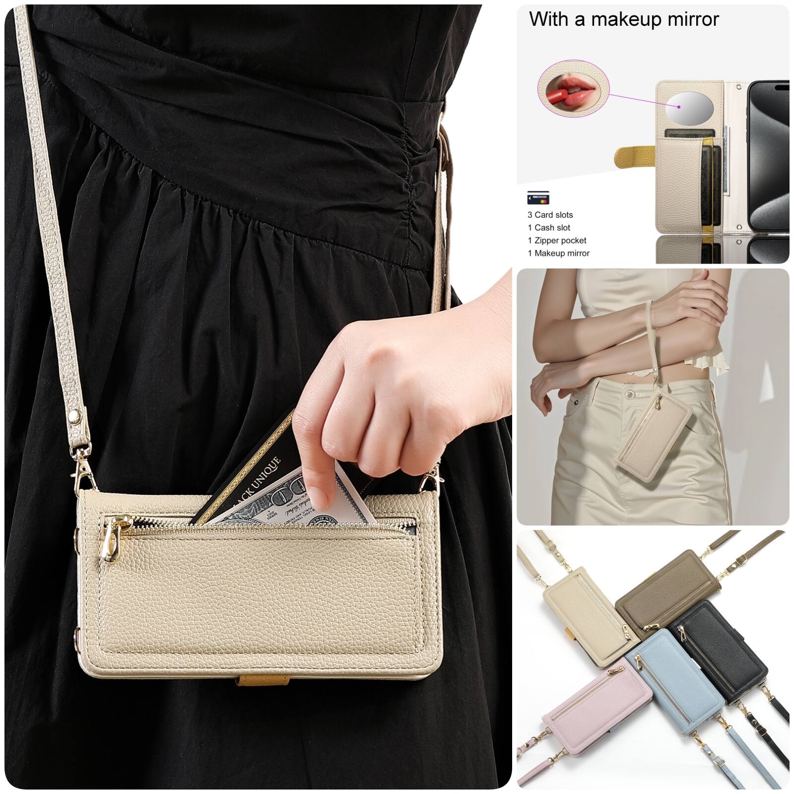 With a makeup mirror

3 Card slots  
1 Cash slot  
1 Zipper pocket  
1 Makeup mirror