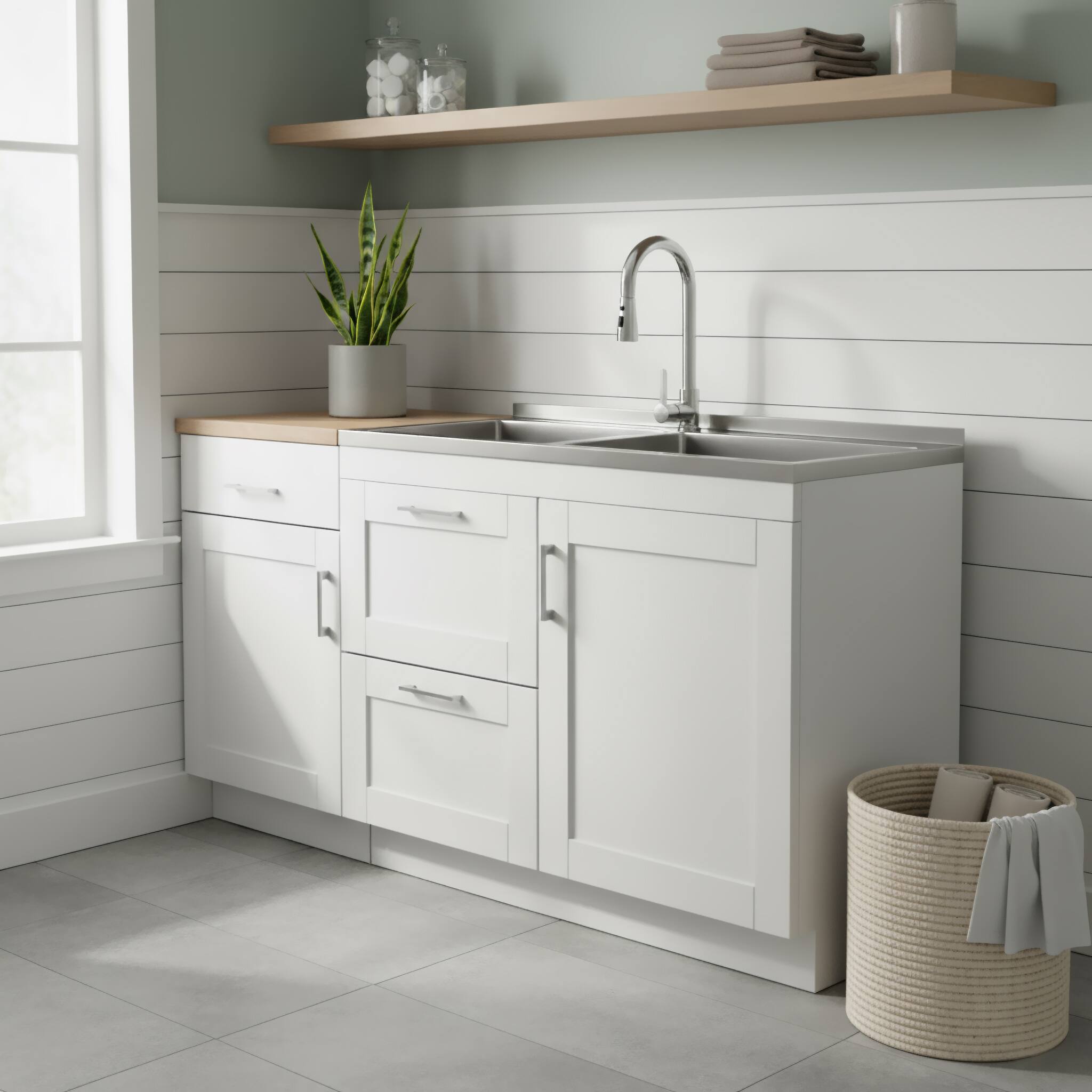 Alt View 2. Simpli Home - Modern Wide Shaker  All-in-One 46-inch Utility Sink & Cabinet - Pure White.