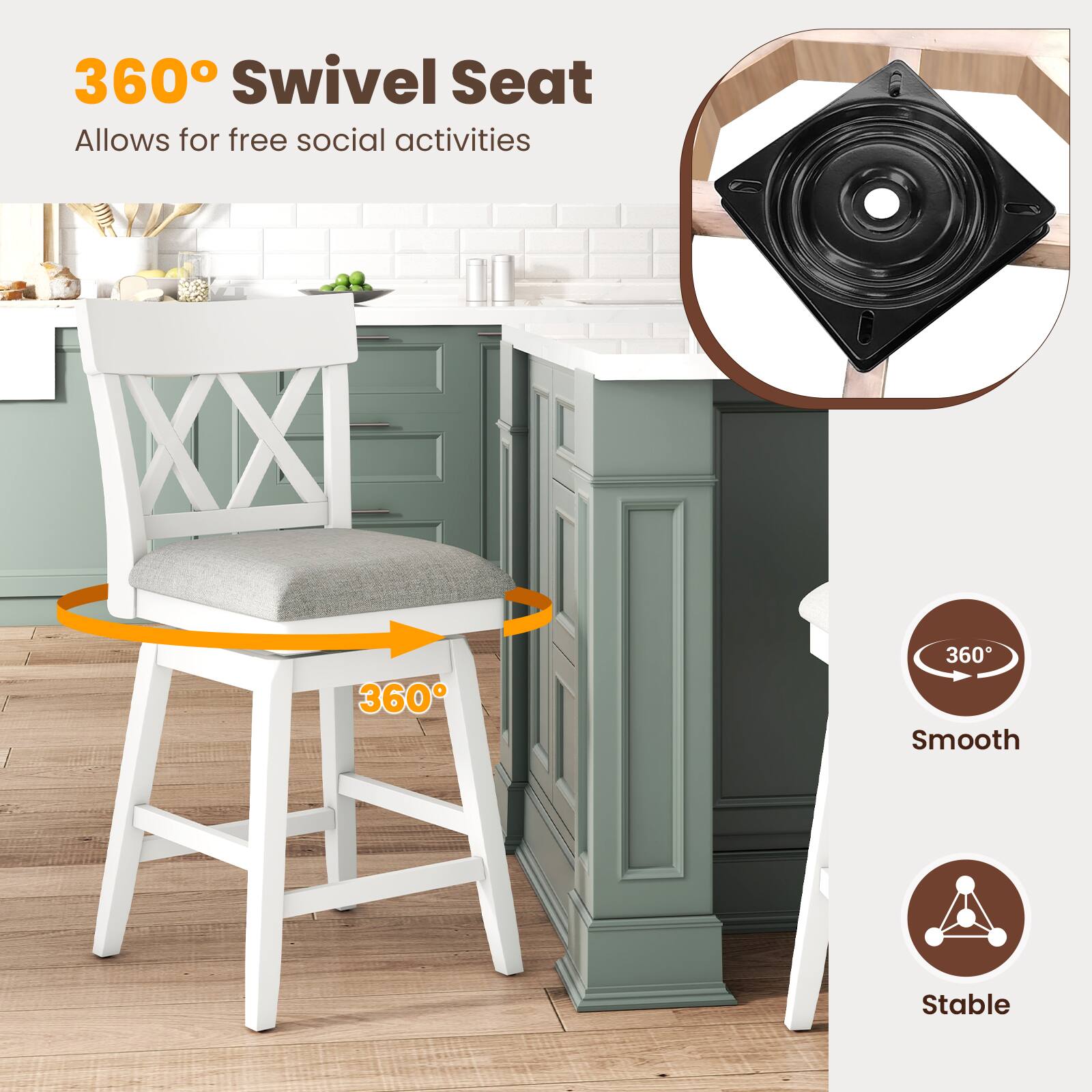 360° Swivel Seat  
Allows for free social activities  

360° Smooth Stable