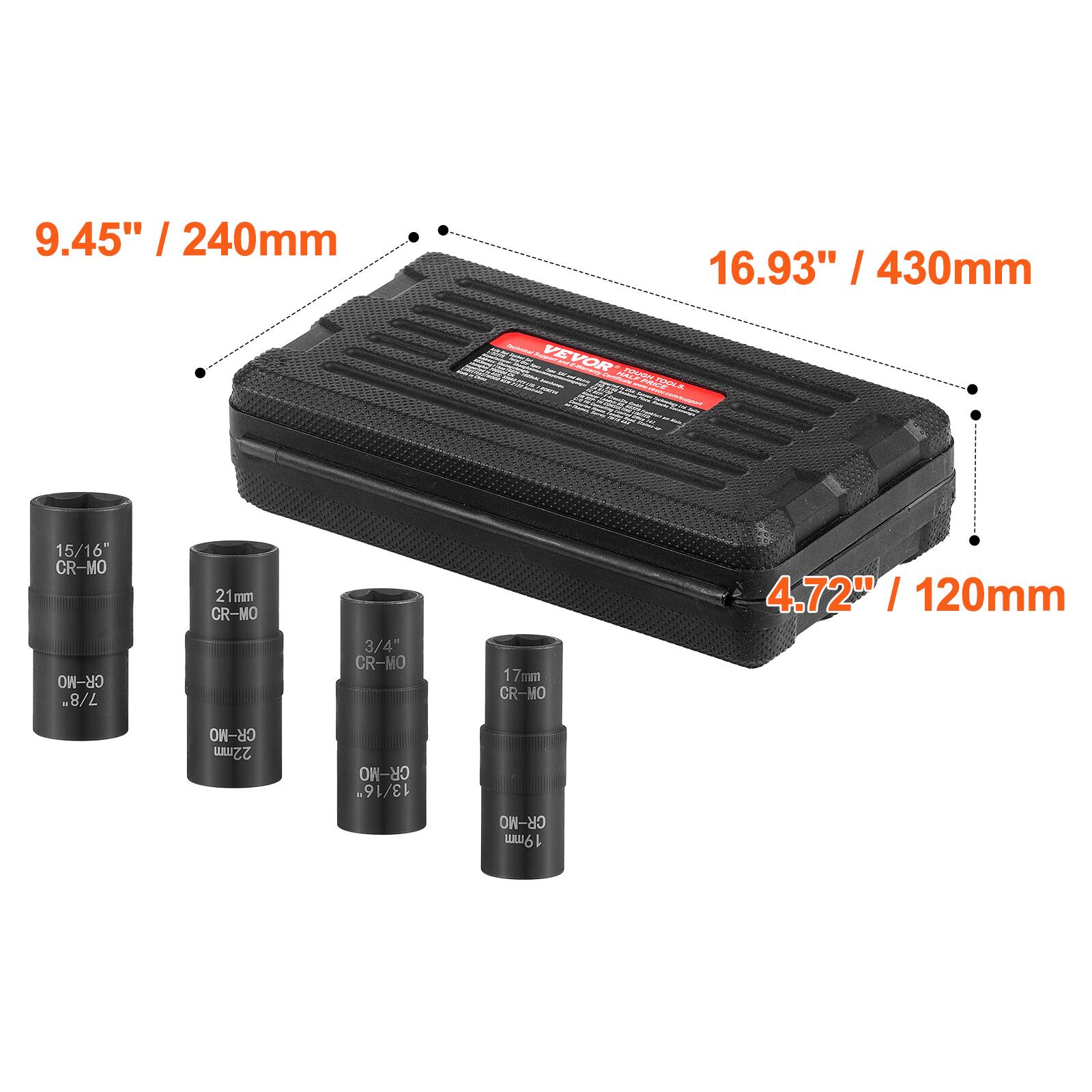 9.45" / 240mm  
16.93" / 430mm  
4.72" / 120mm  

15/16" CR-MO  
21mm CR-MO  
3/4" CR-MO  
17mm CR-MO  
7/8" CR-MO  
22mm CR-MO  
13/16" CR-MO  
19mm CR-MO