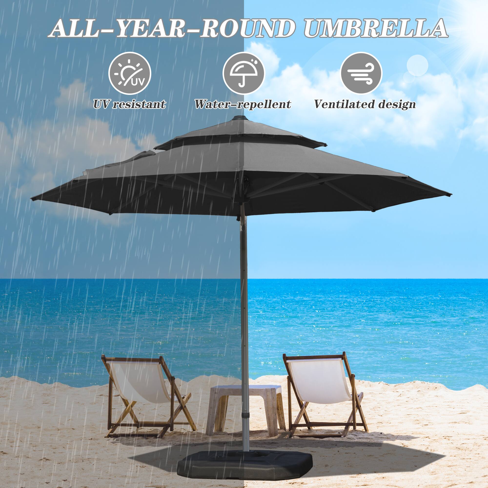 ALL-YEAR-ROUND UMBRELLA

- UV resistant
- Water-repellent
- Ventilated design