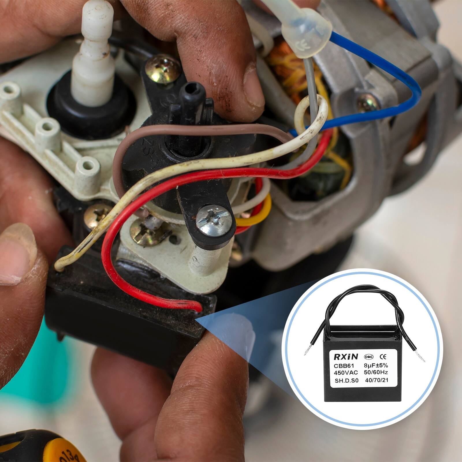 RXIN  
CBB61 8uF±5% 450VAC 50/60Hz  
SH.D.S0 40/70/21