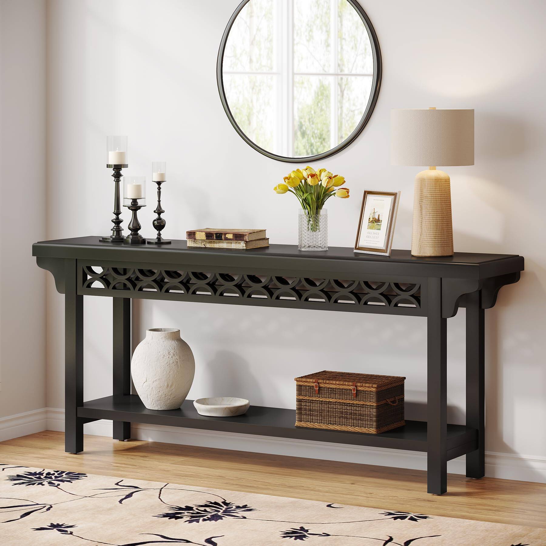 Left. Tribesigns - 70.8-Inch Solid Wood Long Console Table, Farmhouse Entryway Table with Storage, Narrow Sofa Table Grey Couch Table for L - Black.