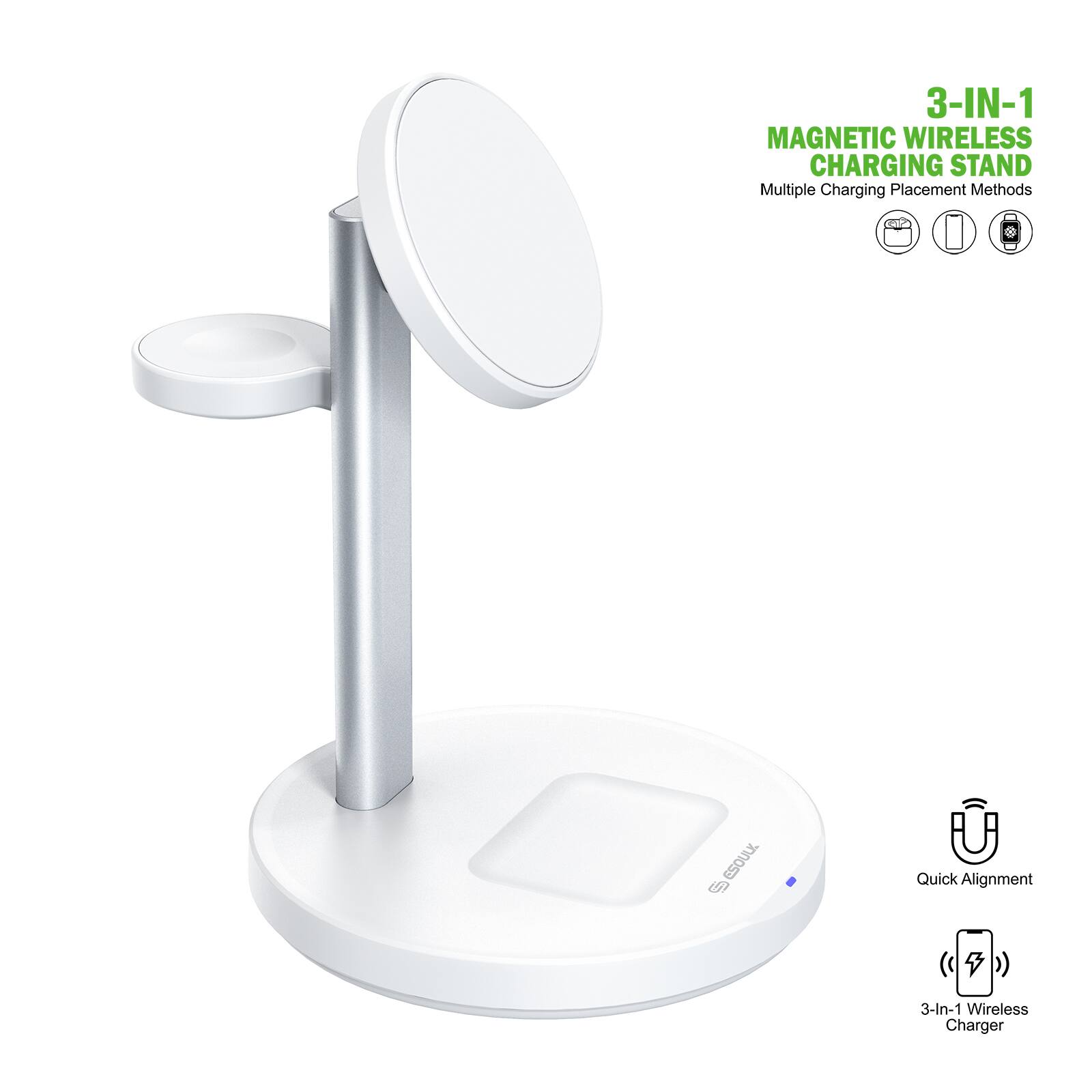 3-IN-1 MAGNETIC WIRELESS CHARGING STAND
Multiple Charging Placement Methods
Quick Alignment
3-In-1 Wireless Charger
