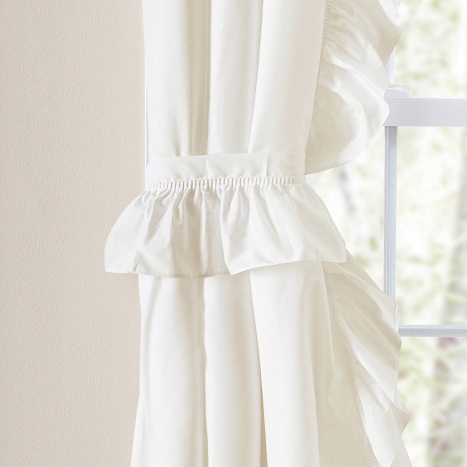 Back. Ellis Curtain - ELLIS Polyester-Cotton Classic Wide Solid Color Perma Press Ruffled Priscilla W/Ties 84" x 45" Natural - Natural.