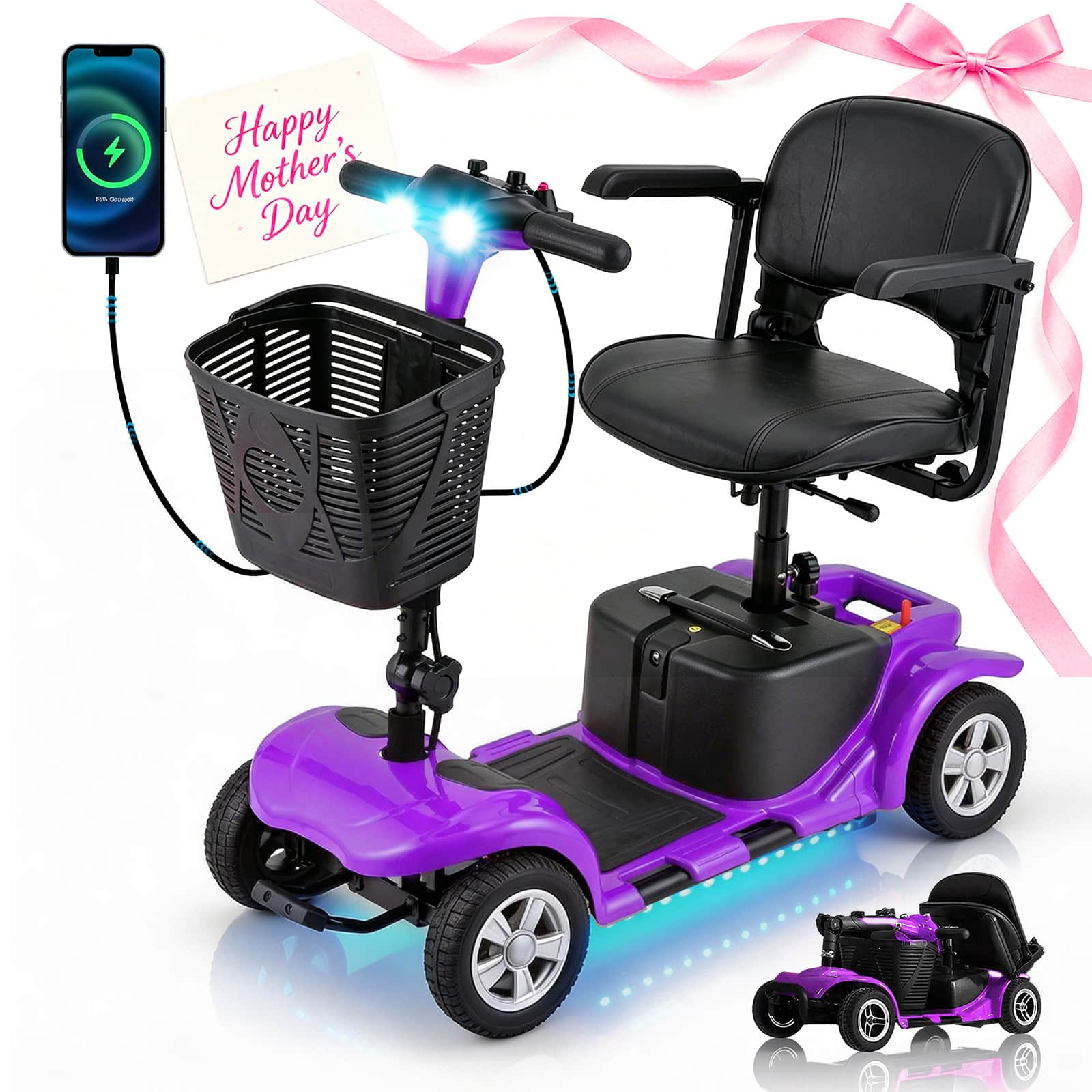 Hover Heart - 4 Wheel Mobility Scooter for Adults, Portable Electric Travel Scooter with Adjustable Seat, Light and Basket - Purple
