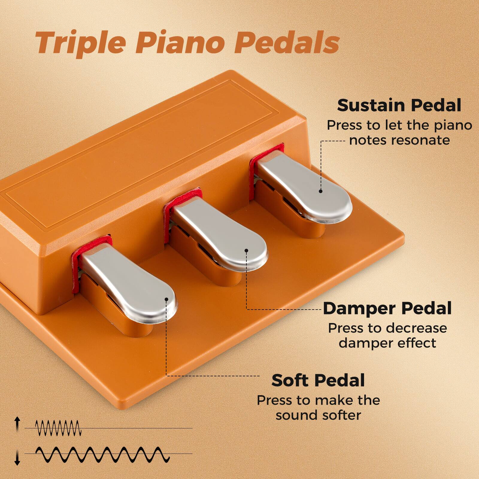 Triple Piano Pedals

- Sustain Pedal
  - Press to let the piano notes resonate

- Damper Pedal
  - Press to decrease damper effect

- Soft Pedal
  - Press to make the sound softer
