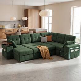 Dyonery - 112" Modular Sofa Set, L-Shaped 7-Seater Sofa Bed / With Height-Adjustable Storage Chaise Armrests / USB/LED Light. - Green