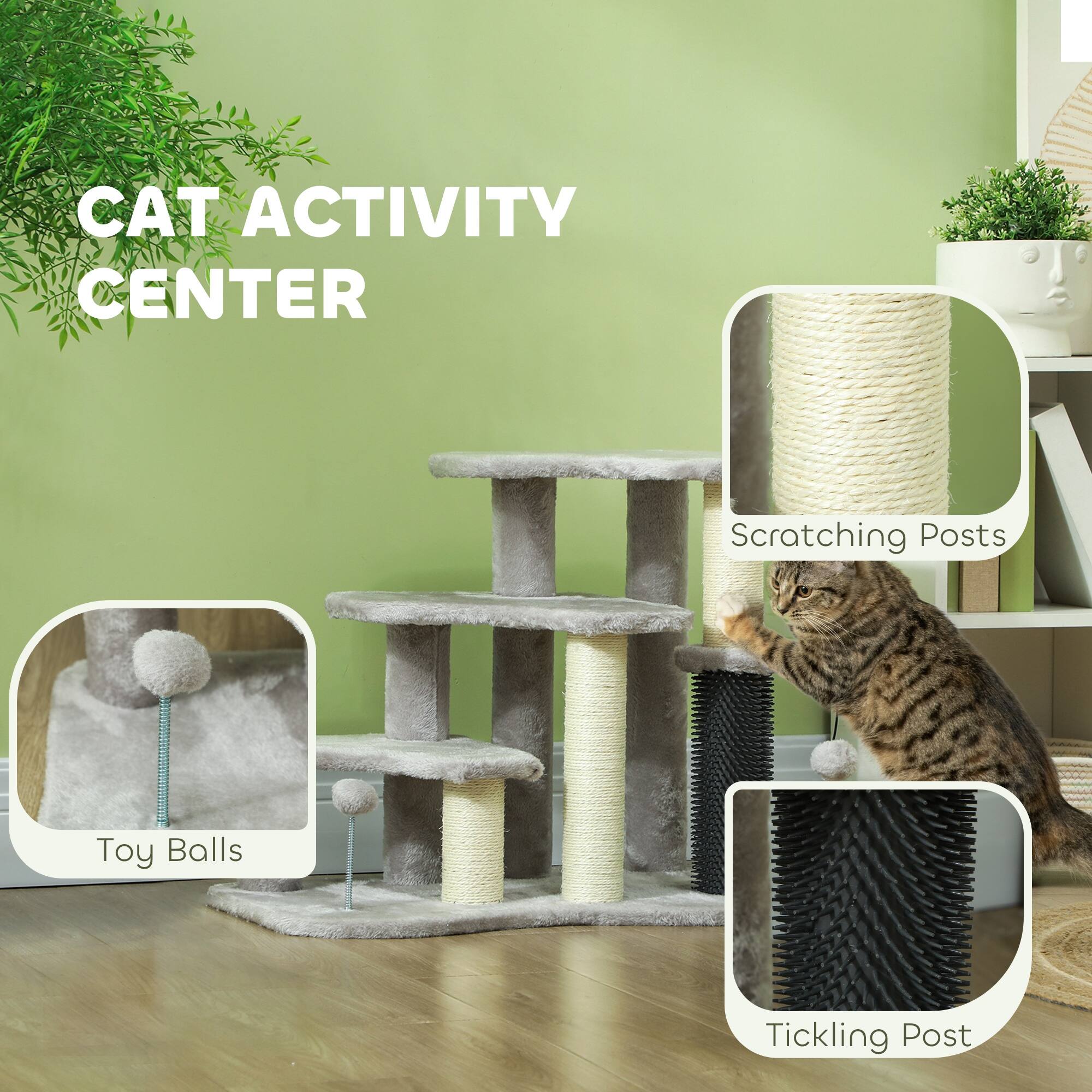 Alt View 1. Pawhut - 20" Pet Stairs for Cats, 2 in 1 3-Step Cat Tree Tower with Scratching Posts, Tickling Post, Toy Balls, for High Beds - Light Gray.
