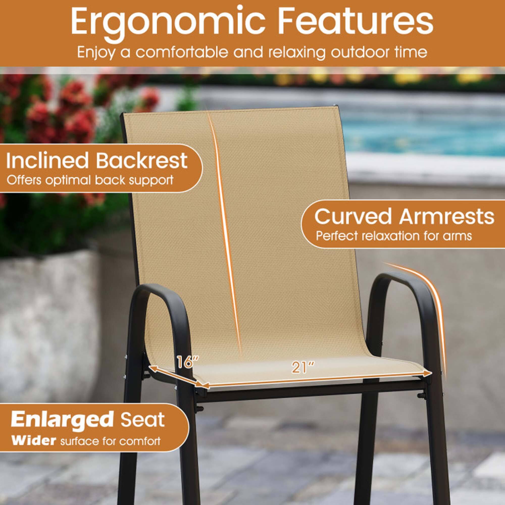 Ergonomic Features  
Enjoy a comfortable and relaxing outdoor time  

- Inclined Backrest  
  Offers optimal back support  

- Curved Armrests  
  Perfect relaxation for arms  

- Enlarged Seat  
  Wider surface for comfort  

16" x 21"