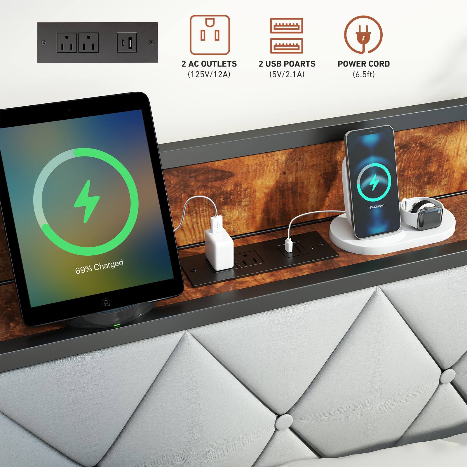 a x 2 AC OUTLETS (125V/12A)  
2 USB PORTS (5V/2.1A)  
POWER CORD (6.5ft)  
7% Charged  
69% Charged