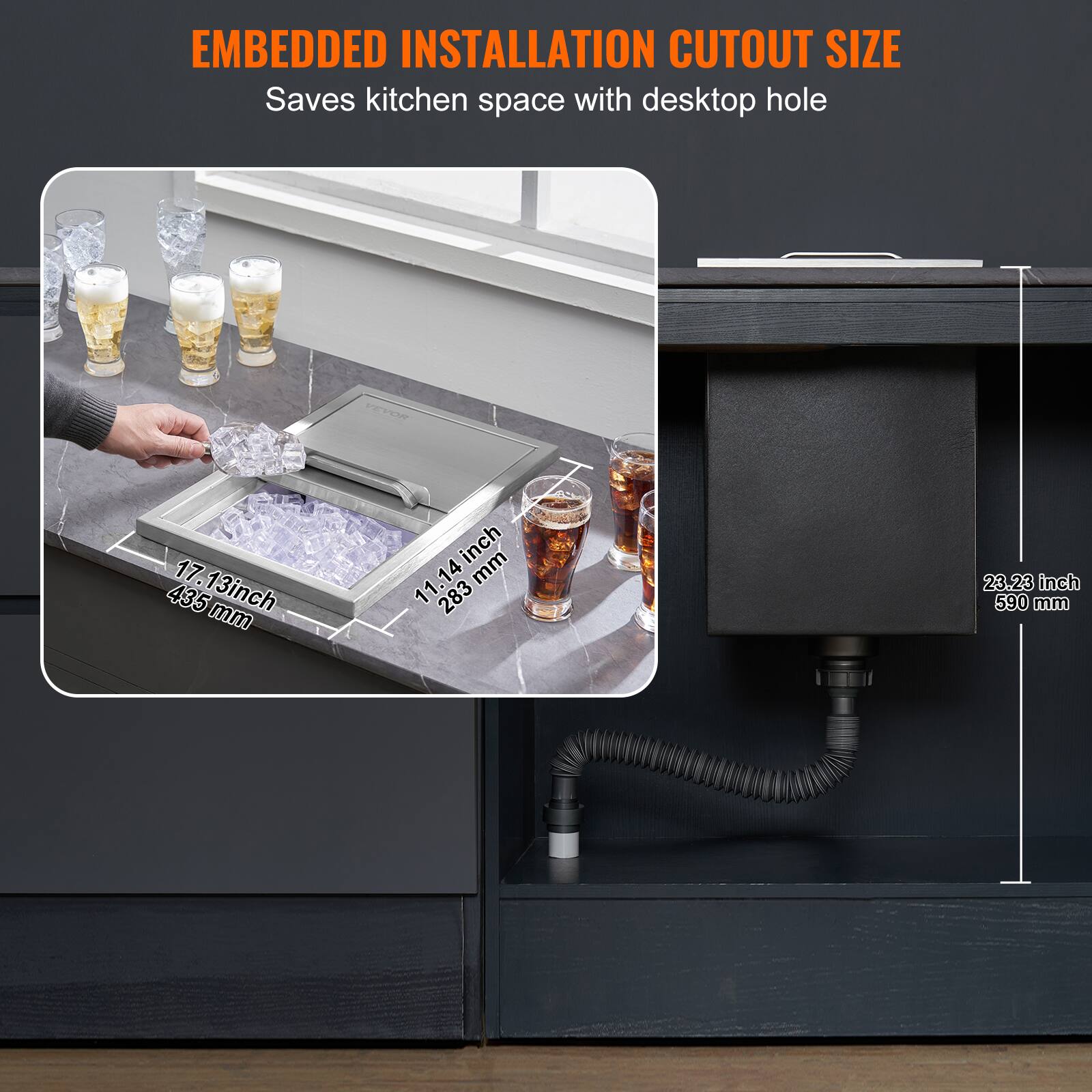 EMBEDDED INSTALLATION CUTOUT SIZE  
Saves kitchen space with desktop hole  

17.13 inch / 435 mm  
11.14 inch / 283 mm  
23.23 inch / 590 mm