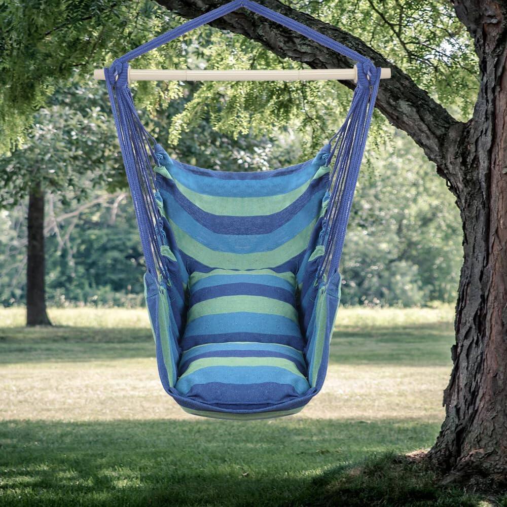 Alt View 2. Winado - Hammock Chair Hanging Rope Swing, Macrame Hammock Swing Seat with 2 Cushions, Portable Steel Spreader Bar for In/Outdoor - Blue Stripes.