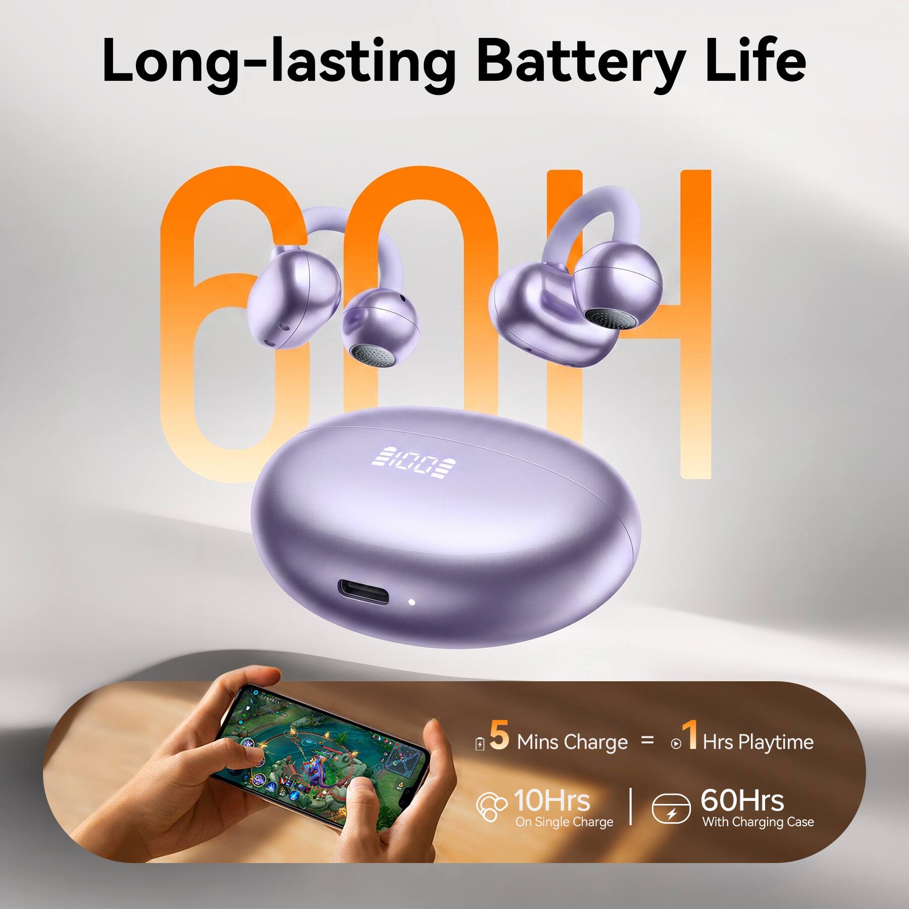 Long-lasting Battery Life

5 Mins Charge = 1 Hrs Playtime

10Hrs On Single Charge

60Hrs With Charging Case