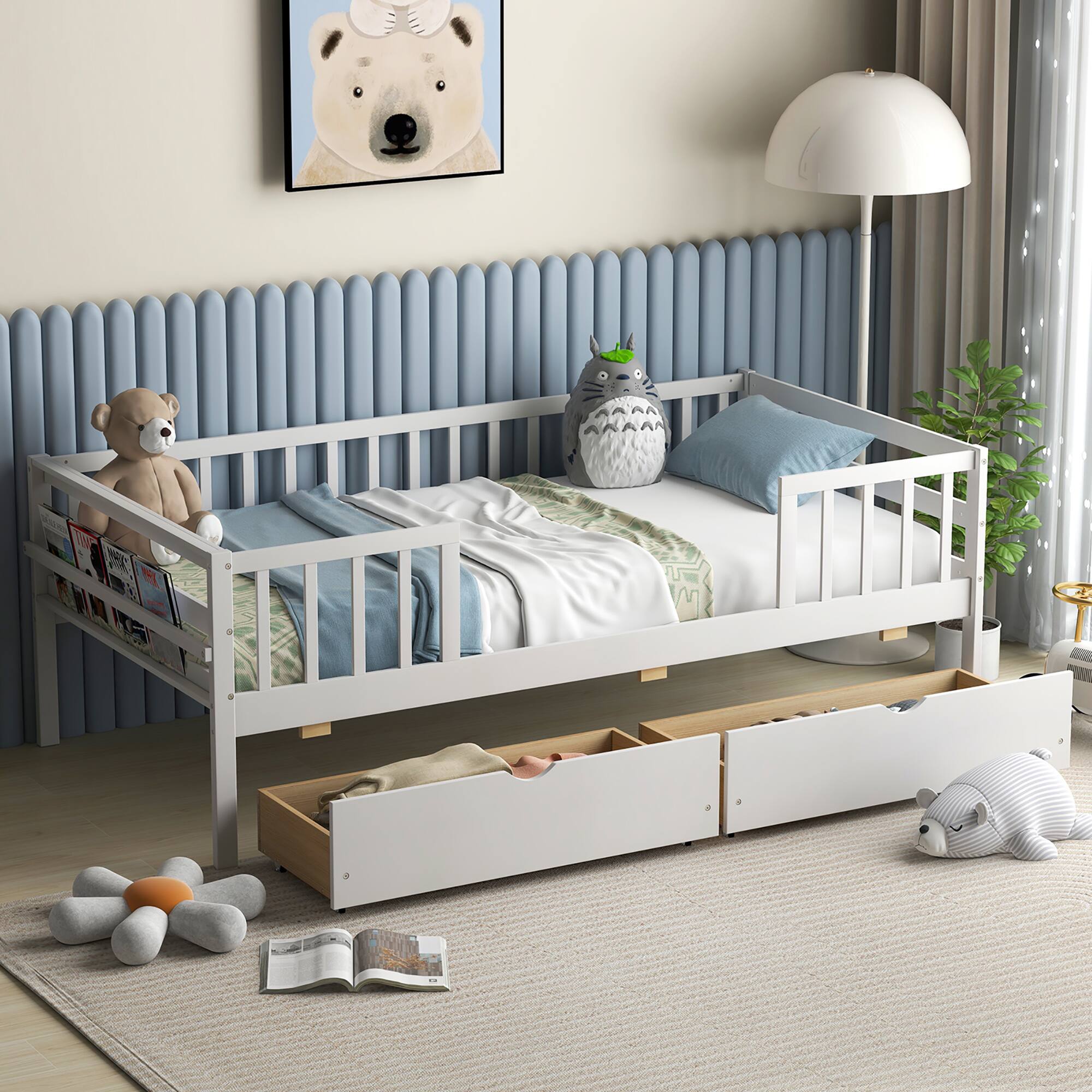 Alt View 9. Gymax - Gymax Twin Size Kids Bed w/ Storage 2 Pull-out Drawers Side Shelf for Children & Teens - White.