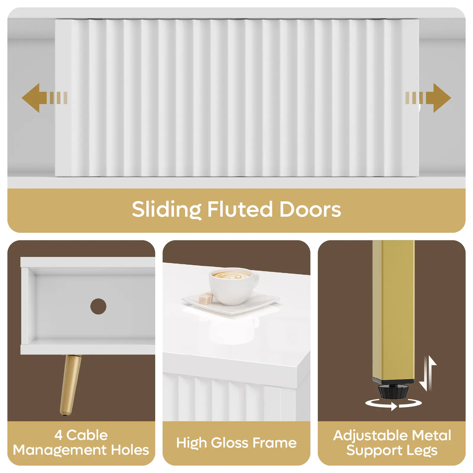 The text on the image is grouped as follows:

1. Sliding Fluted Doors
2. 4 Cable Management Holes
3. High Gloss Frame
4. Adjustable Metal Support Legs
